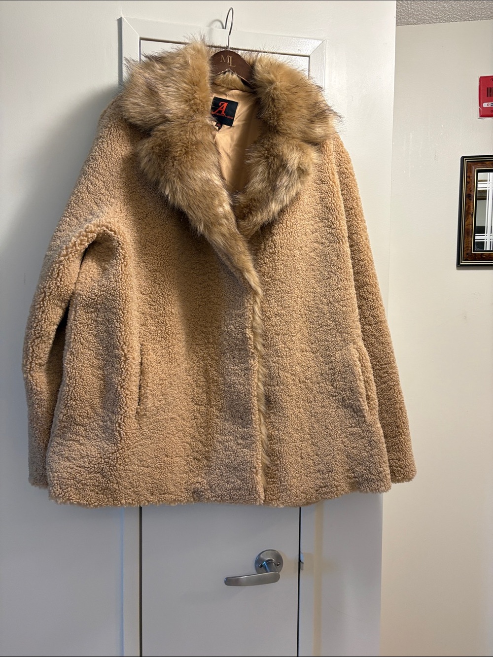 Adrienne Landau Women’s Faux Shearling Coat with Fur Collar - Camel. NWOT